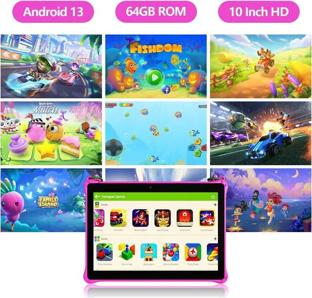 Alt view image 2 of 5 - PRITOM 10 inch Kids Tablet Android 13 Tablets with Lanyard 64GB, Quad-Core, HD IPS Display, WiFi, Dual Camera, Toddler Tablet for Kids Age 3+ (Pink)