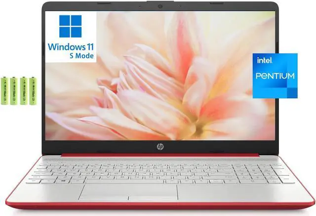 Main image of HP 15.6" HD Laptop Computer, Intel Quad-core Pentium Processor, 16GB RAM, 256GB SSD, Office 365 1-Year, Numeric Pad, Webcam, Ethernet, Wi-Fi, Bluetooth, Windows 11 Home(S Mode), Red, /Battery