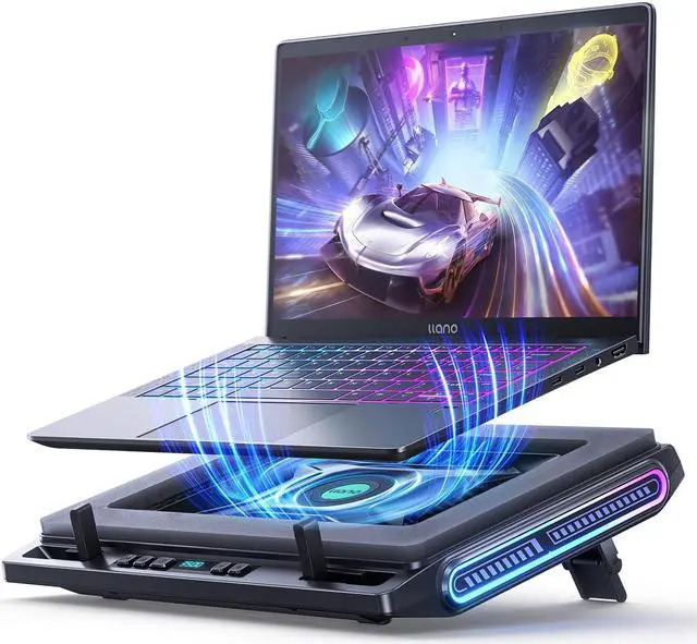 Main image of llano V10 Gaming Laptop Cooling Pad, RGB Laptop Cooler Stand with Powerful 4.72 Inch External Turbo Cooling Fan, Fast Cooling Computer 13-17.3in, Button Control, 3 Adjustable Stand, 4-Port USB C&A