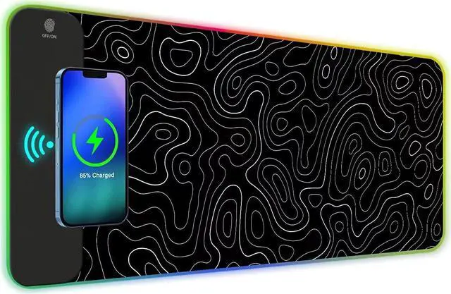 Main image of ToLuLu RGB Wireless Charging Gaming Mouse Pad, 7.5/10/15W 10 Light Modes LED Mouse Pad Computer Keyboard Mat Mousepad, 800x300x4MM Extended Large Desk Pad for Gamer, Black and White Abstract Lines