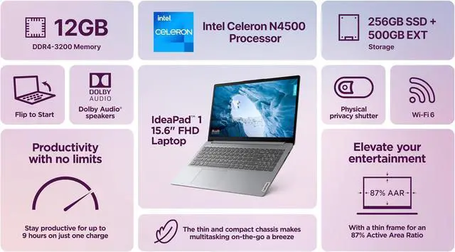 Alt view image 3 of 5 - Lenovo IdeaPad 2025 Slim Laptop, 12GB RAM, 756GB Storage (256GB SSD & 500GB External), Dual Core Intel Processor, 15.6 Inch Anti-Glare Display, WiFi 6, HD Webcam, Long Battery, Office 365, Win 11