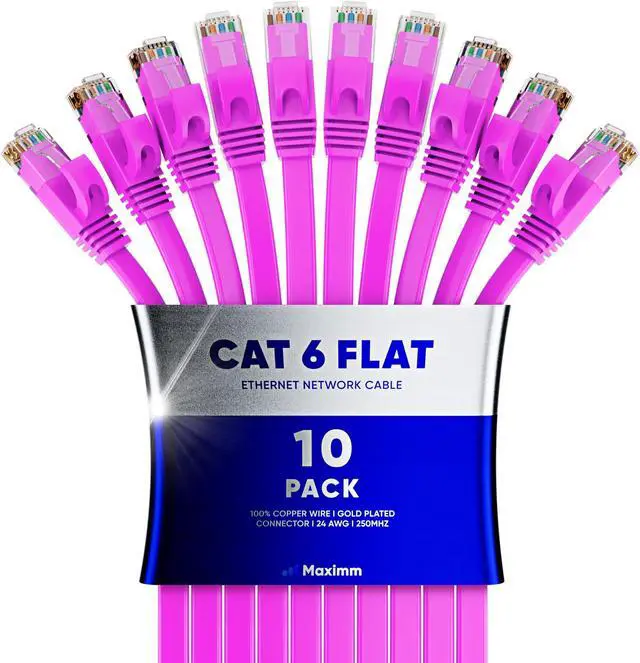 Main image of Cat6 Ethernet Cable 30ft, 10-Pack Pink - Flat High-Speed Network Cables for Gaming, Streaming, Router, Modem, PC, PS5, Xbox - Durable & Space-Saving Design