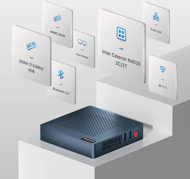 Alt view image 3 of 5 - BOSGAME Fanless Mini PC Widnwos 10 Intel N4020(up to 2.6GHz), 4GB LPDDR4 RAM/ 64GB eMMC Mini Computers, Mini Desktop Computer Dual Channel WiFi5 Bluetooth 5.0 HDMI/VGA Port 4K 60HZ