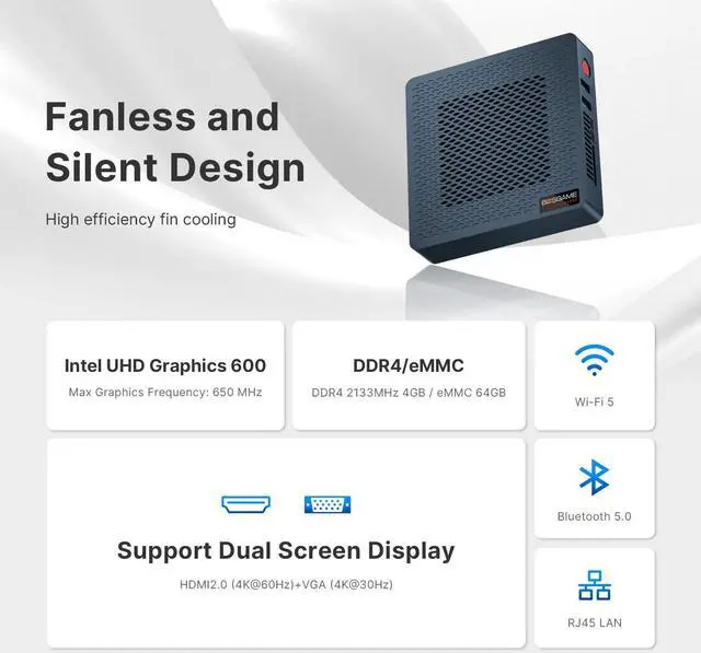 Alt view image 4 of 5 - BOSGAME Fanless Mini PC Widnwos 10 Intel N4020(up to 2.6GHz), 4GB LPDDR4 RAM/ 64GB eMMC Mini Computers, Mini Desktop Computer Dual Channel WiFi5 Bluetooth 5.0 HDMI/VGA Port 4K 60HZ