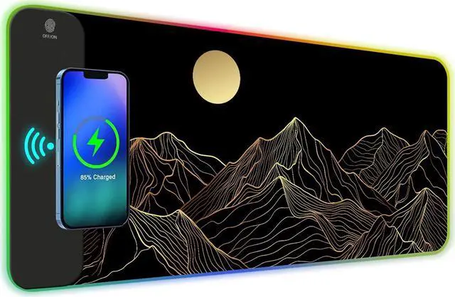Main image of ToLuLu RGB Wireless Charging Gaming Mouse Pad, 7.5/10/15W 10 Light Modes LED Mouse Pad Computer Keyboard Mat Mousepad, 800x300x4MM Extended Large Desk Mat Desk Pad, Sun Shines Over Golden Mountain