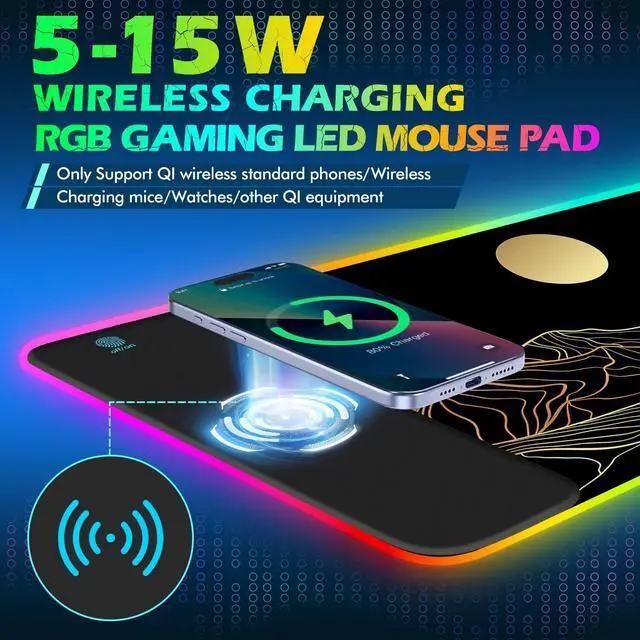 Alt view image 2 of 5 - ToLuLu RGB Wireless Charging Gaming Mouse Pad, 7.5/10/15W 10 Light Modes LED Mouse Pad Computer Keyboard Mat Mousepad, 800x300x4MM Extended Large Desk Mat Desk Pad, Sun Shines Over Golden Mountain