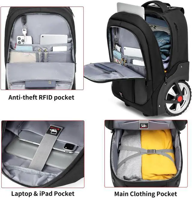 Alt view image 3 of 5 - GOTECH Rolling Backpack,Waterproof Backpack with Wheels for Business and Travel Commuter, Carry on Backpack with Laptop Compartment, Fit 17 Inch Laptop, Wheeled Backpack for Adults
