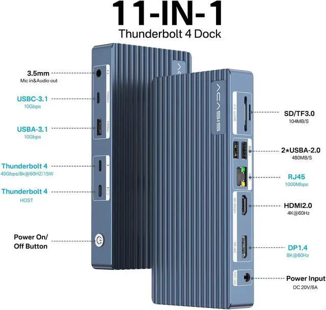 Alt view image 2 of 5 - ACASIS Thunderbolt 4 Dock - 11 Ports, 8K60Hz HDMI, 1 GbE Ethernet, SD/TF 4.0, 10Gbps USB C/A, 3.5mm Audio, MacBook Docking Station Dual Monitor, 40Gbps Dock for Mac M1/M2/M3 Pro/Max