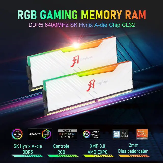 Alt view image 2 of 5 - KingBank RGB Computer Desktop Memory Ram Hynix A-die DDR5 64GB(2x32GB) 6400MT/s CL32 1.4V with Heatsink for PC Gaming/Office/PS