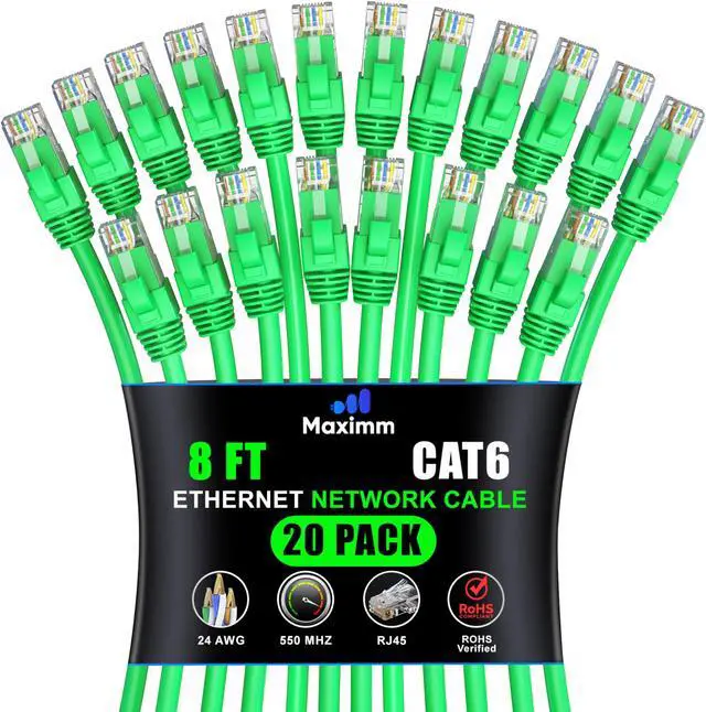 Main image of Maximm Cat 6 Ethernet Cable 8 ft (20-Pack) - High-Speed LAN Cable, Internet Cable, Patch Cable, and Network Cable - UTP, 10Gbps, 550MHz Ethernet Cord - Green