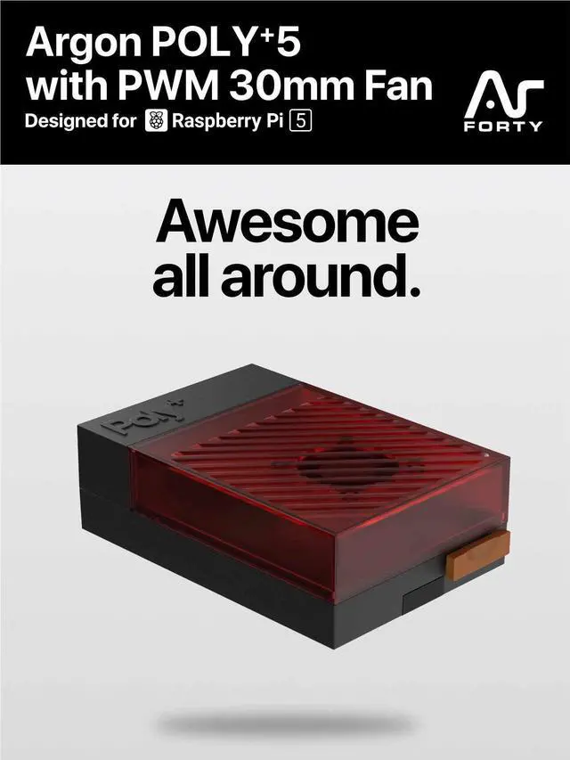 Alt view image 2 of 5 - Argon Poly+5 Raspberry Pi 5 Starter Kit | 4GB Board, Case, 27W PWR GAN PSU, Active Cooler, 64GB SD Card, 2 Micro HDMI Cable (BRED, 4GB)