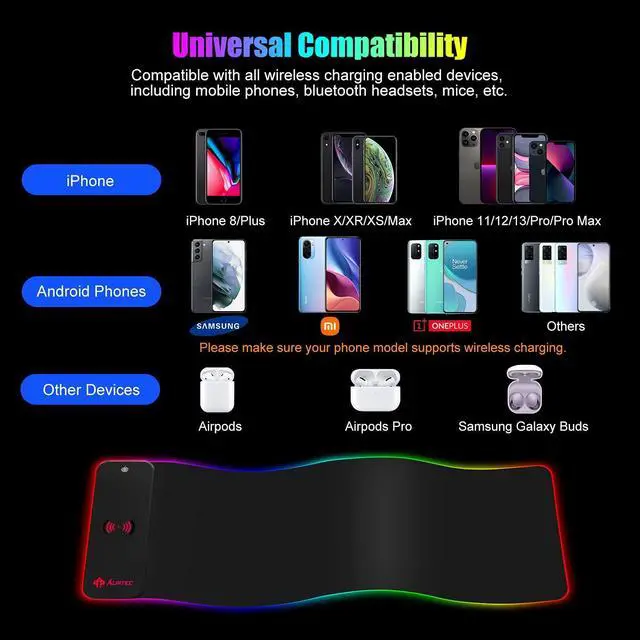 Alt view image 3 of 5 - AURTEC RGB Gaming Mouse Pad with 15W Fast Wireless Charging, Extra Large Waterproof and Non-Slip Rubber Base Mouse and Keyboard Mat with 10 Lighting Modes, for Gaming, Working, PC, Mac.