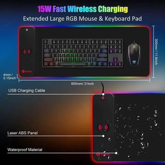 Alt view image 2 of 5 - AURTEC RGB Gaming Mouse Pad with 15W Fast Wireless Charging, Extra Large Waterproof and Non-Slip Rubber Base Mouse and Keyboard Mat with 10 Lighting Modes, for Gaming, Working, PC, Mac.