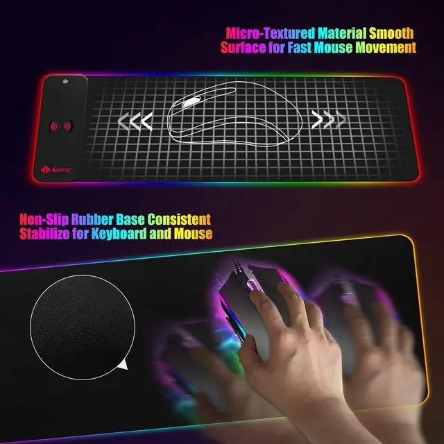 Alt view image 5 of 5 - AURTEC RGB Gaming Mouse Pad with 15W Fast Wireless Charging, Extra Large Waterproof and Non-Slip Rubber Base Mouse and Keyboard Mat with 10 Lighting Modes, for Gaming, Working, PC, Mac.