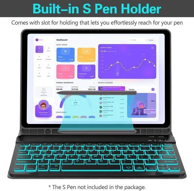 Alt view image 2 of 5 - Galaxy Tab A9 Plus Case with Keyboard 5G 11 Inch 2023 (SM-X210/X216/X218), 7 Color Backlit Detachable Tablet Keyboard Cover with S Pen Holder for Samsung Galaxy Tab A9+ 11" (Black)