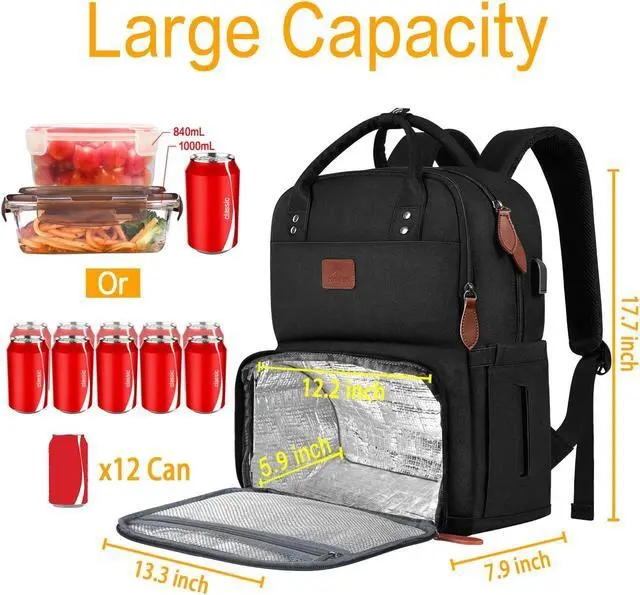 Alt view image 3 of 5 - MATEIN 17 Inches Lunch Backpack, Extra Large Lunch Box with Insulated Cooler Compartment, Water Resistant Laptop Backpack with USB Charging Port for College Work Picnic Beaches