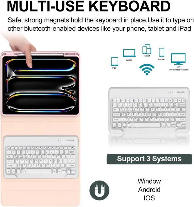 Alt view image 2 of 5 - BORIYUAN Keyboard Case for New iPad Pro 13 Inch (M4) 2024, 7 Colors Backlit Detachable Keyboard Slim Folio Smart Cover for iPad Pro 13" with Pencil Holder - Pink