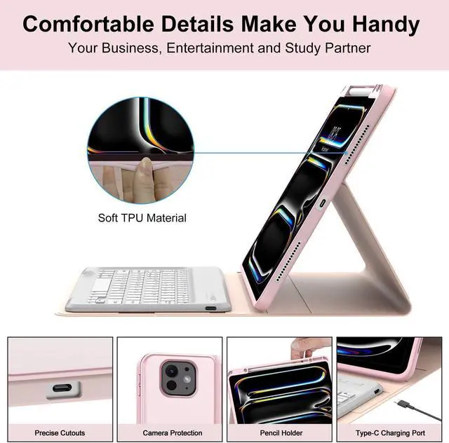 Alt view image 5 of 5 - BORIYUAN Keyboard Case for New iPad Pro 13 Inch (M4) 2024, 7 Colors Backlit Detachable Keyboard Slim Folio Smart Cover for iPad Pro 13" with Pencil Holder - Pink
