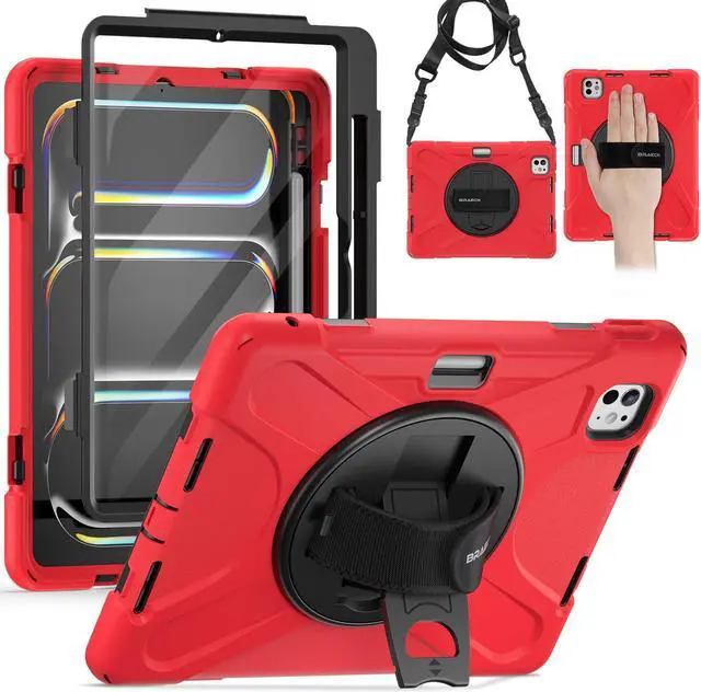 Main image of BRAECN for iPad Pro 11 inch 5th Generation Case 2024,Heavy Duty Shockproof Case with Screen Propector&Pencil Holder/Hand Strap/360?Rotating Stand/Shoulder Strap for iPad Pro 11 2024 A2836/A2837-Red