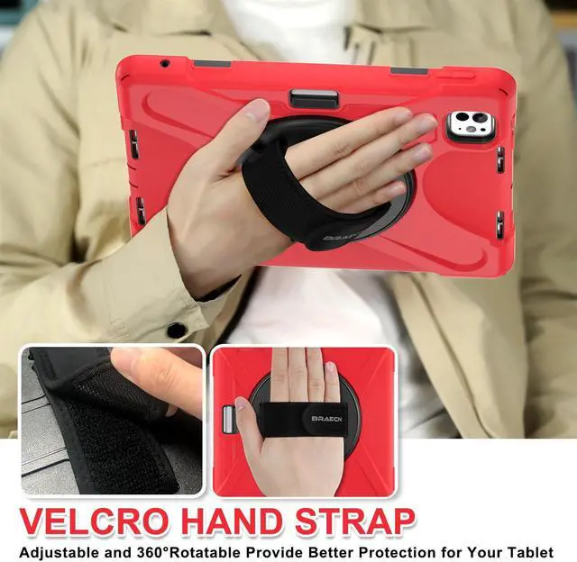 Alt view image 3 of 5 - BRAECN for iPad Pro 11 inch 5th Generation Case 2024,Heavy Duty Shockproof Case with Screen Propector&Pencil Holder/Hand Strap/360?Rotating Stand/Shoulder Strap for iPad Pro 11 2024 A2836/A2837-Red