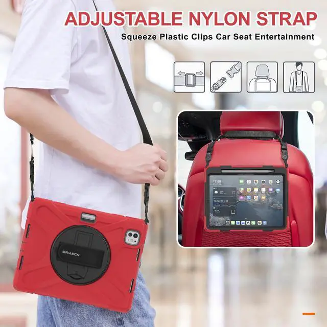 Alt view image 5 of 5 - BRAECN for iPad Pro 11 inch 5th Generation Case 2024,Heavy Duty Shockproof Case with Screen Propector&Pencil Holder/Hand Strap/360?Rotating Stand/Shoulder Strap for iPad Pro 11 2024 A2836/A2837-Red
