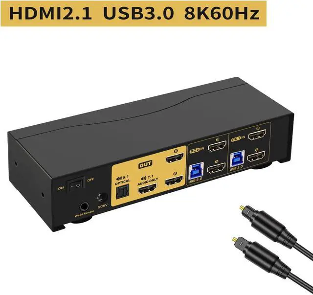 Alt view image 2 of 5 - CKLau 2 Port HDMI KVM Switch 2 Monitors 8K@60Hz 4K@144Hz with Cables Supports Emulation EDID, Hotkey Switching, 5.1 Digital Fiber Optical and 7.1 Surround Sound Audio Output