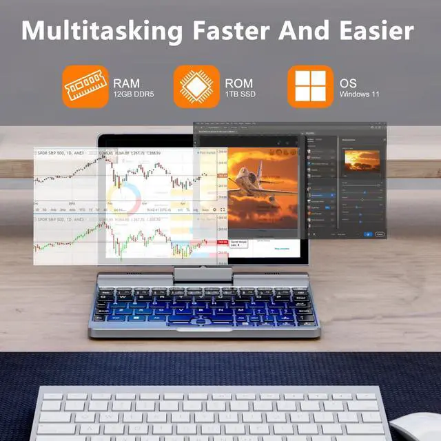 Alt view image 3 of 5 - Crelander 2-in-1 Mini Laptop | 8-Inch Touchscreen Portable Small Pocket Computer | Intel 12th Gen N100 Processor | 12GB DDR5 RAM 1TB SSD | PD 30W Charging | WiFi6 BT5.2 |Backlit Keyboard |Windows 11