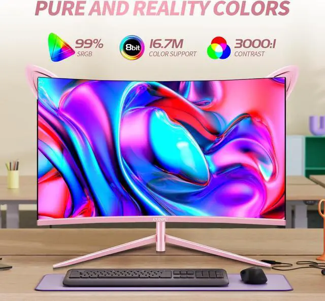 Alt view image 2 of 5 - CUNPU Pink Computer Monitor, 27 inch 1440p 165Hz (Supports 144Hz) Kawaii Gaming Monitor, VA Panel 1500R Curved PC Monitor, Free-Sync, Built-in Speaker, Tilt Adjustment, DP/HDMI/USB