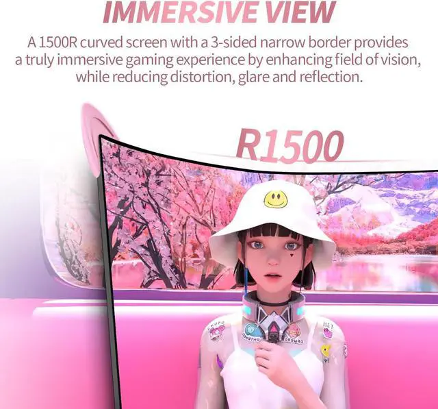 Alt view image 3 of 5 - CUNPU Pink Computer Monitor, 27 inch 1440p 165Hz (Supports 144Hz) Kawaii Gaming Monitor, VA Panel 1500R Curved PC Monitor, Free-Sync, Built-in Speaker, Tilt Adjustment, DP/HDMI/USB
