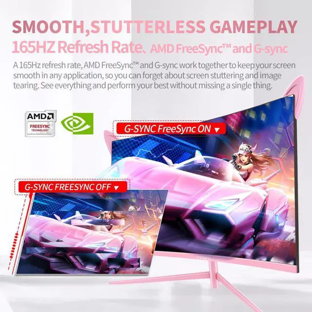 Alt view image 4 of 5 - CUNPU Pink Computer Monitor, 27 inch 1440p 165Hz (Supports 144Hz) Kawaii Gaming Monitor, VA Panel 1500R Curved PC Monitor, Free-Sync, Built-in Speaker, Tilt Adjustment, DP/HDMI/USB