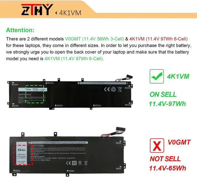 Alt view image 4 of 5 - ZTHY 97Wh 4K1VM Laptop Battery Replacement for Dell G7 17 7700 Gaming/Vostro 15 7500 7590 /XPS 15 9560 9570 7590 /Inspiron 15 7501 7590 7591 /Precision 5520 5530 5540 Series 6GTPY 11.4V 6-Cell