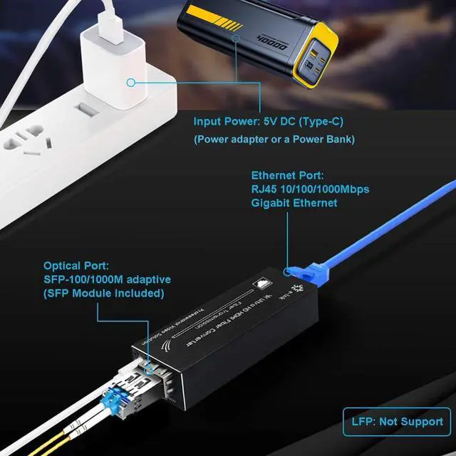 Alt view image 2 of 5 - StarRoute Elenzk Micro Gigabit Fiber Media Converter, 10/100/1000Mbps Ethernet to SFP, 1310nm SM 20km, DC 5V USB-C Powered, Ultra Compact