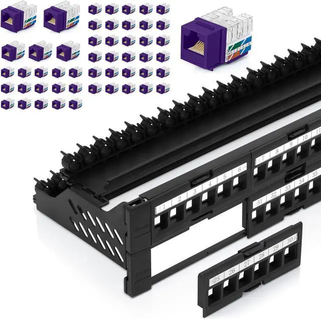 Main image of Everest Media Solutions Bundle - 2 Items: 48-Port Keystone Patch Panel + 50 Pack of RJ45 CAT6A Keystone Jacks - Purple
