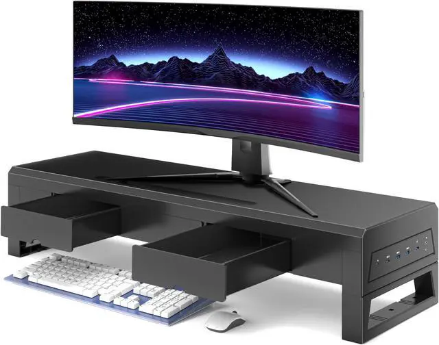 Main image of Computer monitor stand with three drawer 22W charging , 2 USB 3.0 , and 1 USB 2.0 Laptop Desk Shelf & Monitor Riser 27.55 inches long desk riser Monitors/PC/Laptop/Computer Space Saver Organizer He