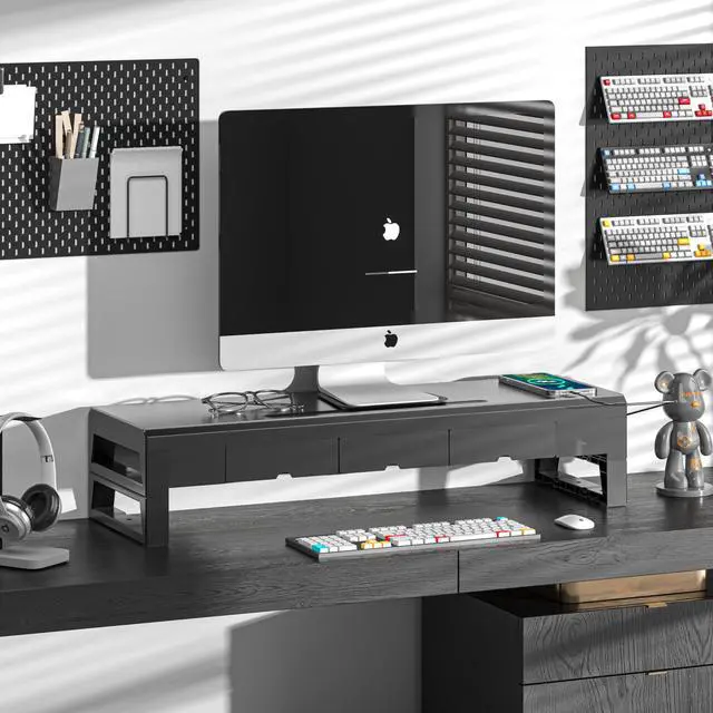 Alt view image 2 of 5 - Computer monitor stand with three drawer 22W charging , 2 USB 3.0 , and 1 USB 2.0 Laptop Desk Shelf & Monitor Riser 27.55 inches long desk riser Monitors/PC/Laptop/Computer Space Saver Organizer He