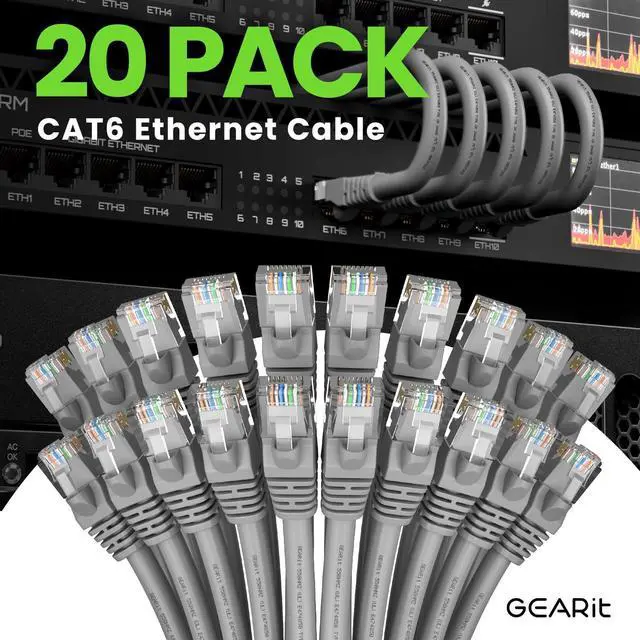 Alt view image 2 of 5 - GearIT Cat 6 Ethernet Cable (20-Pack 1 Foot) Cat6 Network Patch, 10Gbps, RJ45, Snagless Cord, Gold-Plated Connectors, Internet for PC, TV, Tablet, Router, Printer, Servers, IT Data Center - Gray