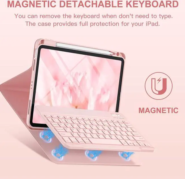 Alt view image 4 of 5 - Harvopu Compatible for iPad Air 11-inch/Air 5th 4th Generation Case with Keyboard - Backlit Detachable, Folio Cover with Pencil Holder for iPad Air 11 Inch M3/M2, Air 5/ Air 4 (Floral Pink)