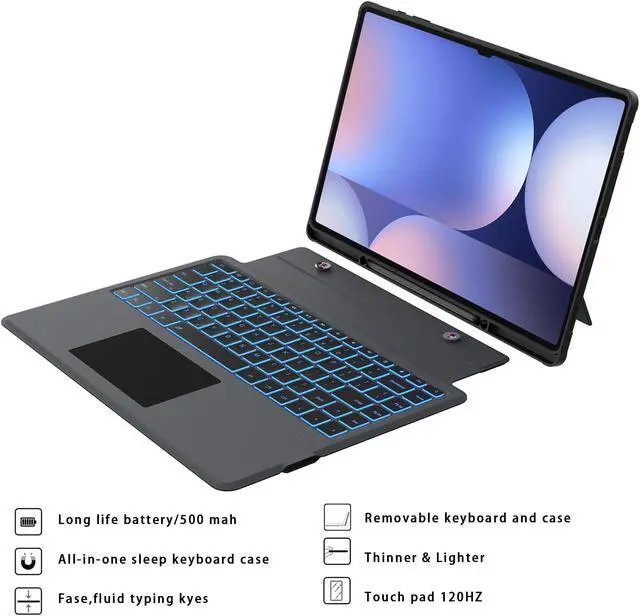 Alt view image 2 of 5 - for Samsung Galaxy Tab S9 Ultra/S8 Ultra/S10 Ultra 14.6" Keyboard Case : 7 Color Backlit Detachable Keyboard Cover with Smart Touchpad - Auto Wake/Sleep Tablet Case with S-Pen Holder,Black