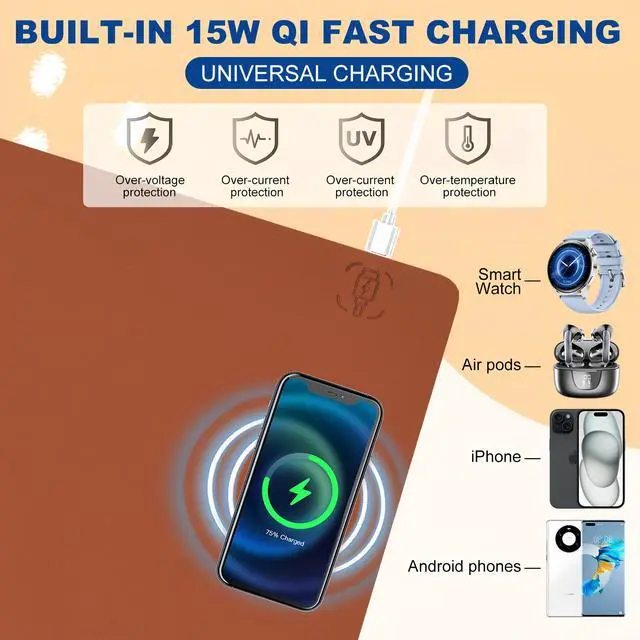 Alt view image 2 of 5 - Desk Mat with Wireless Charging, Brown Mouse Pad with Wireless Charger, Desk Pad Matt for Desktop, Mousepad Gaming Large Mouse Pad, Leather Compute for Keyboard and Mouse, 32" x 16"