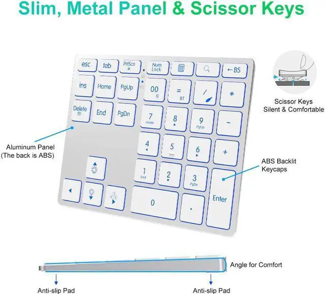 Alt view image 5 of 5 - LINKEET Tri-Mode Aluminum Numpad 7-Color Backlit Bluetooth 5.0/Wired USB-C/2.4G Wireless Number Pad Slim 35-Key Rechargeable Numeric Keypad External Keyboard Num Pad for Laptop, Mac - Silver White