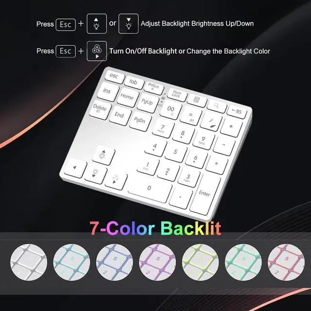 Alt view image 3 of 5 - LINKEET Tri-Mode Aluminum Numpad 7-Color Backlit Bluetooth 5.0/Wired USB-C/2.4G Wireless Number Pad Slim 35-Key Rechargeable Numeric Keypad External Keyboard Num Pad for Laptop, Mac - Silver White
