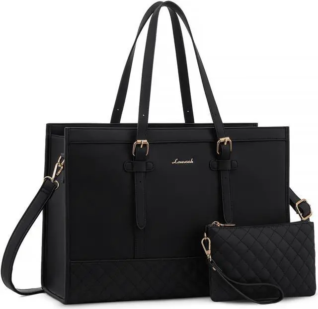 Main image of LOVEVOOK Women's 15.6 inch Laptop Tote, Waterproof PU Leather Computer Work Bag, Large Capacity Business Office Tote Black