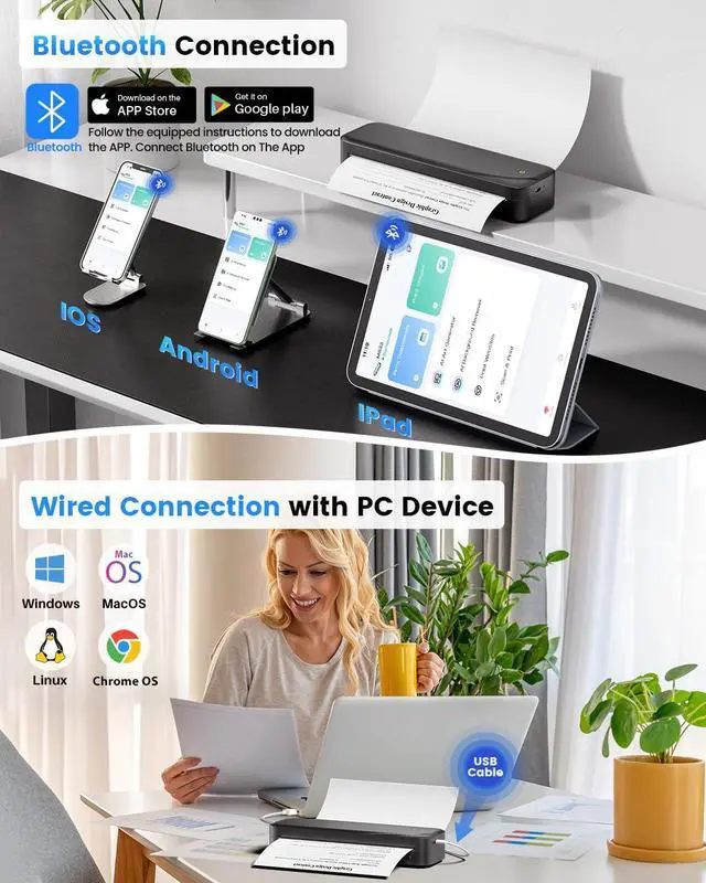 Alt view image 5 of 5 - Memoking Portable Printers Wireless for Travel, 304DPI Bluetooth Thermal Printer Supports 8.5" x 11" US Letter & A4, Inkless Compatible with iOS, Android & Tablets for Office, Home, School