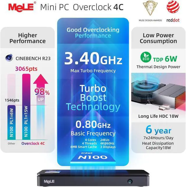 Alt view image 4 of 5 - MeLE Reddot Winner Slim Mini PC Overclock4C N100(up to 3.4GHz) 8GB RAM, 256GB Storage, Mini Desktop Computer, Triple Screen Display, Full Function USB-C on Office Education