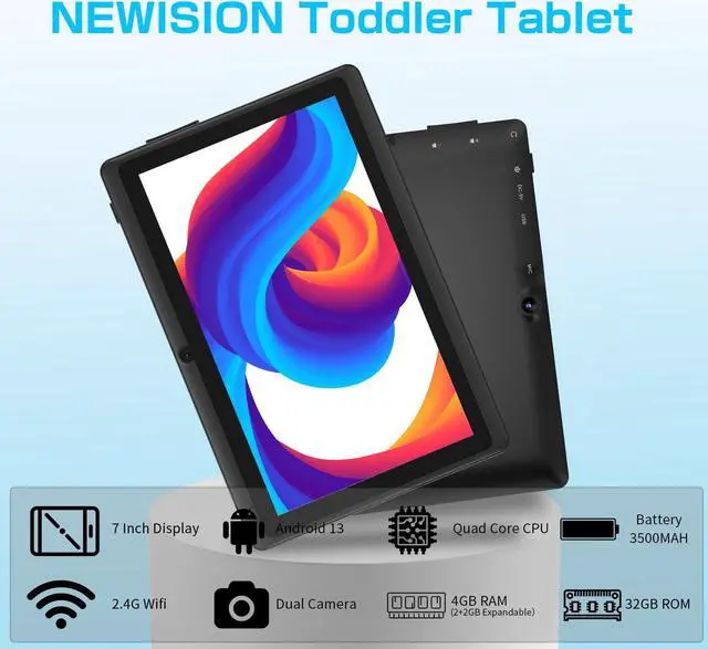 Alt view image 3 of 5 - NEWISION 7 Inch Tablet with Case, Quad Core Android 13 Tablets, 4GB RAM 32GB ROM 512GB Expand, 1024x600 IPS HD Display, 3500mAh,Dual Camera, USB C Tablet PC (Black)