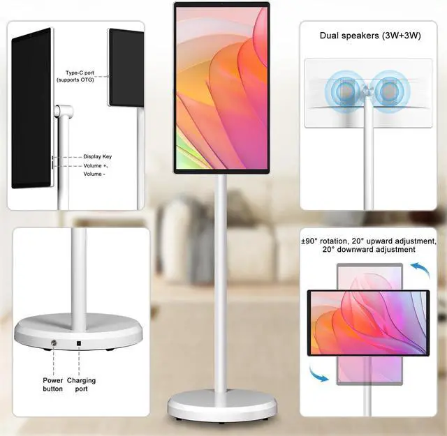 Alt view image 3 of 5 - OFD 22 Inch Portable TV on Wheels 1080P,Large Screen Standbyme 6GB RAM+128GB ROM,Android 13 OS,100% sRGB,5H Play Time,Rolling TV Tablet for Family,Rotating Touchscreen Monitor with Base,60Hz Re,White
