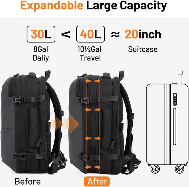 Alt view image 2 of 5 - Oumurs Laptop Backpack for Long Travel with 30-40L Expandable Large Capacity Water-resistant Gray 1680D Oxford Fabric Lamination Fabric