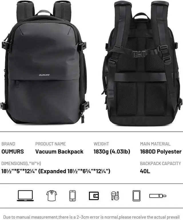 Alt view image 3 of 5 - Oumurs Laptop Backpack for Long Travel with 30-40L Expandable Large Capacity Water-resistant Gray 1680D Oxford Fabric Lamination Fabric