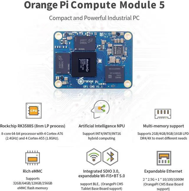 Alt view image 3 of 5 - Orange Pi CM5 Core Board 4GB/8GB/16GB LPDDR4/4x Rockchip RK3588S with 32GB eMMC, Orange Pi CM5 Single Board Computer Run Linux/Ubuntu/Debian/Android OS (8GB)