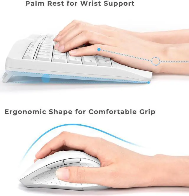 Alt view image 3 of 5 - Ergonomic Keyboard and Mouse Combo - Full Size Keyboard Cordless with Palm Wrist Rest Ergonomic Mouse Wireless for Windows Computers Laptops - White(Upgrade)